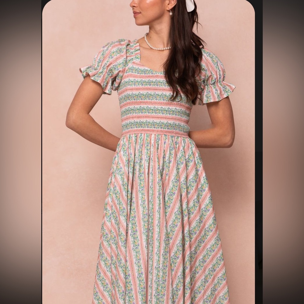 Ivy City Co XS Smocked Puff Midi Dress in Peach & Green Spring Summer Teagan